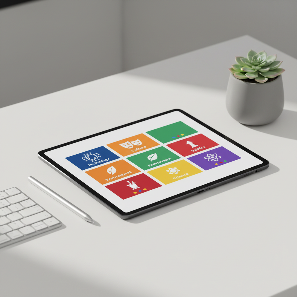 A close-up of a minimalist black tablet lying on a clean white desk, its screen filled with a neatly organized grid of vivid news cards, each card symbolizing a different category through simple abstract icons and colored blocks. Around the tablet are a silver pen, a slim wireless keyboard, and a small potted plant in a matte ceramic pot, hinting at a professional workspace. Soft studio lighting from the left creates gentle highlights on the tablet’s glass surface and subtle shadows on the desk. The composition uses the rule of thirds with a shallow depth of field, giving the scene a precise, efficient, and modern mood, ideal for a daily automated news summary blog.