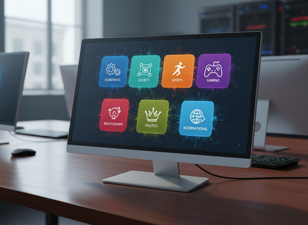 A sleek, ultra-modern digital news dashboard displayed on a thin, frameless monitor resting on a dark wooden desk. Multiple colorful infographic-style tiles show abstract representations of seven categories: politics, economics, relationships, society, sports, gaming, and international, each indicated by simple geometric icons rather than text. Soft, cool daylight from an unseen window washes across the screen, creating subtle reflections on the desk’s smooth surface. The background remains gently blurred with hints of other screens and devices, emphasizing focus on the main display. Photographic realism, shot from a slightly elevated angle with shallow depth of field, conveys a professional, real-time newsroom atmosphere that feels fast, reliable, and data-driven without including any people or legible text.
