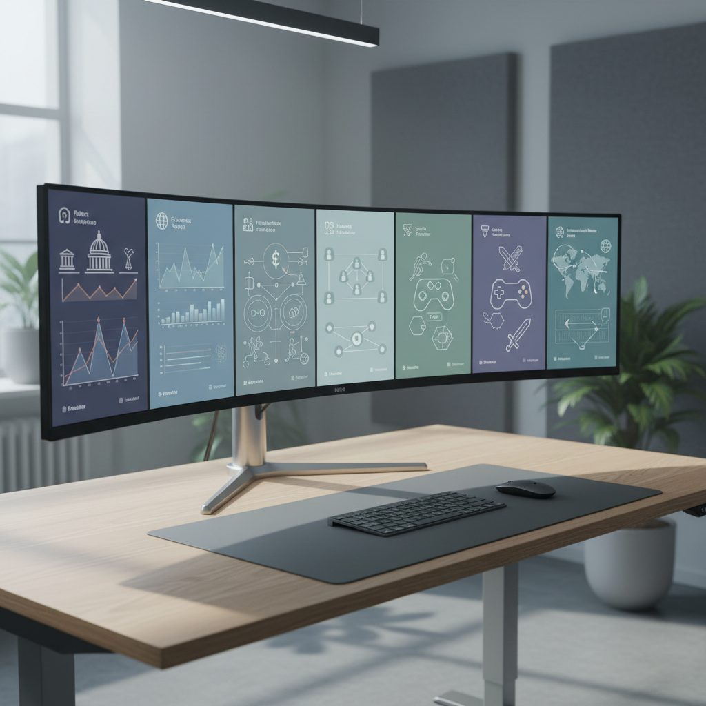 An expansive ultra-wide curved monitor on a minimalist standing desk, displaying a panoramic, data-rich news overview with clean lines and muted colors. Seven vertical panels stretch across the screen, each panel featuring abstract charts, maps, and icons that subtly represent politics, economics, relationships, society, sports, gaming, and international news without any readable text. Cool, diffused office lighting reflects softly on the monitor’s metal base and the smooth surface of the light oak desk. Captured at eye level with sharp focus throughout, the composition emphasizes clarity and control, evoking a professional, high-tech newsroom command center tailored for tracking the top ten stories in real time.